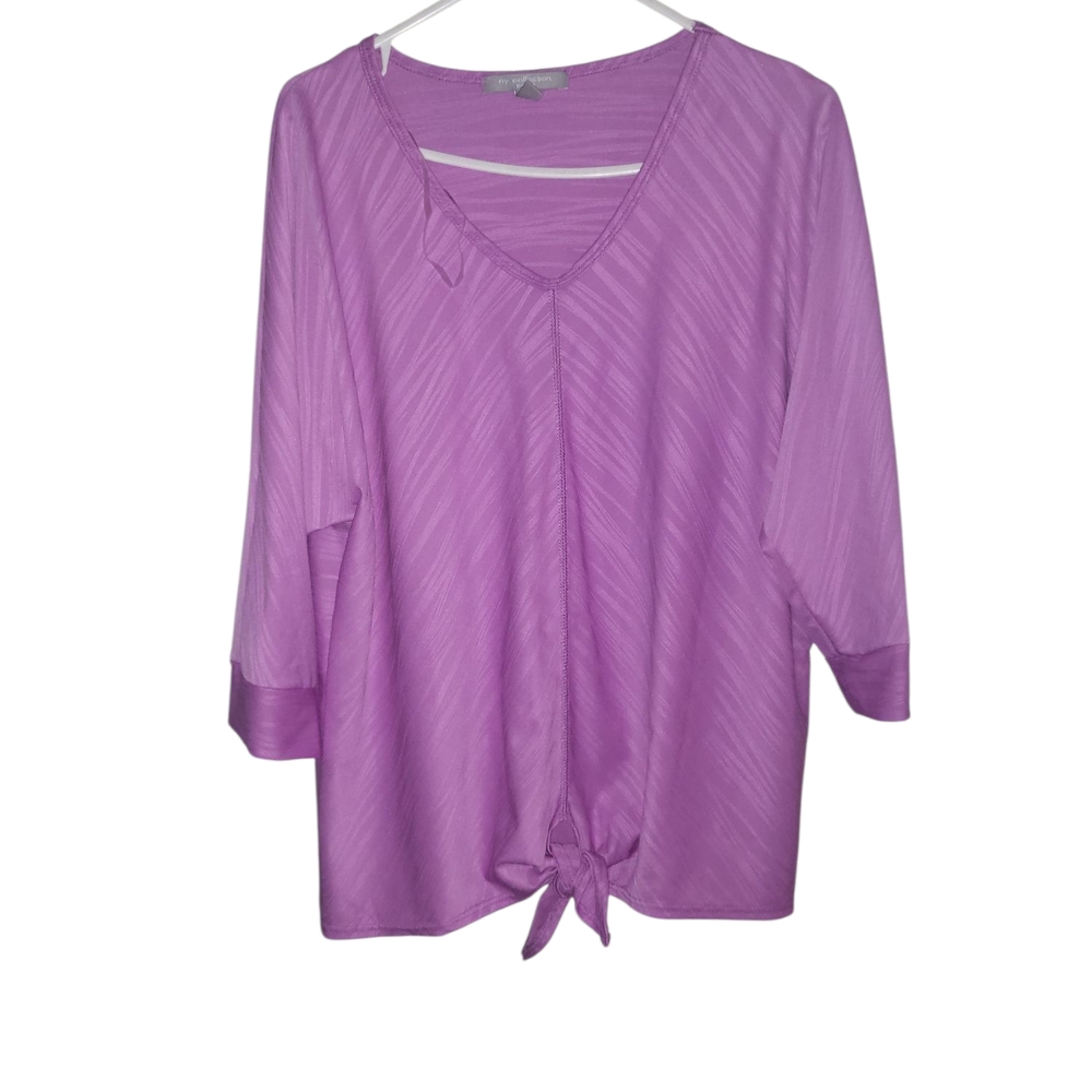 NY Collection Purple Blouse with Tie Front and 3/4 Sleeves